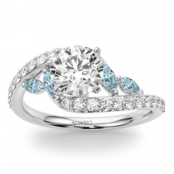 Swirl Design Diamond & Marquise Aquamarine Bridal Ring Set in Palladium (0.96ct)